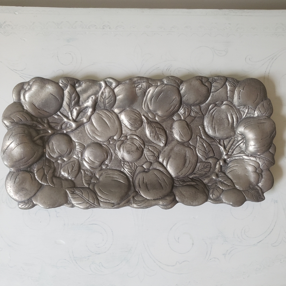Vintage Apple Fruit Pewter Tray Dish Fall Autumn Silver